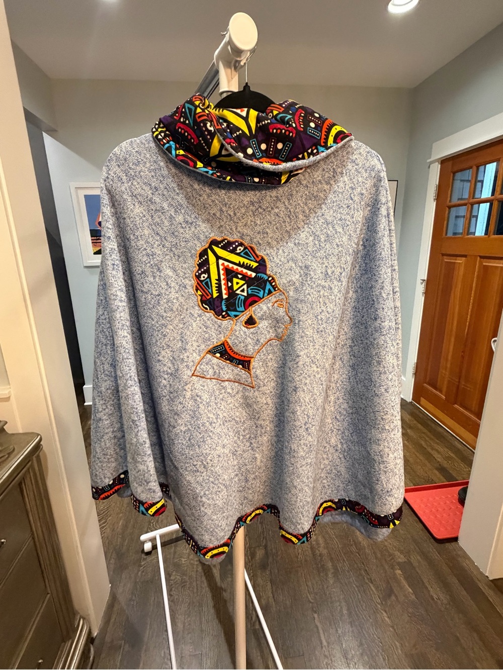 Light Blue Knit Poncho with Kenyan Embroidered Detail